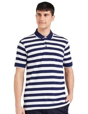 Men's Cotton Rich Striped Polo T-Shirts, White/Blue