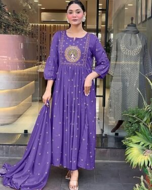 Women Rayon Printed Anarkali Kurta Set with Dupatta, Purple